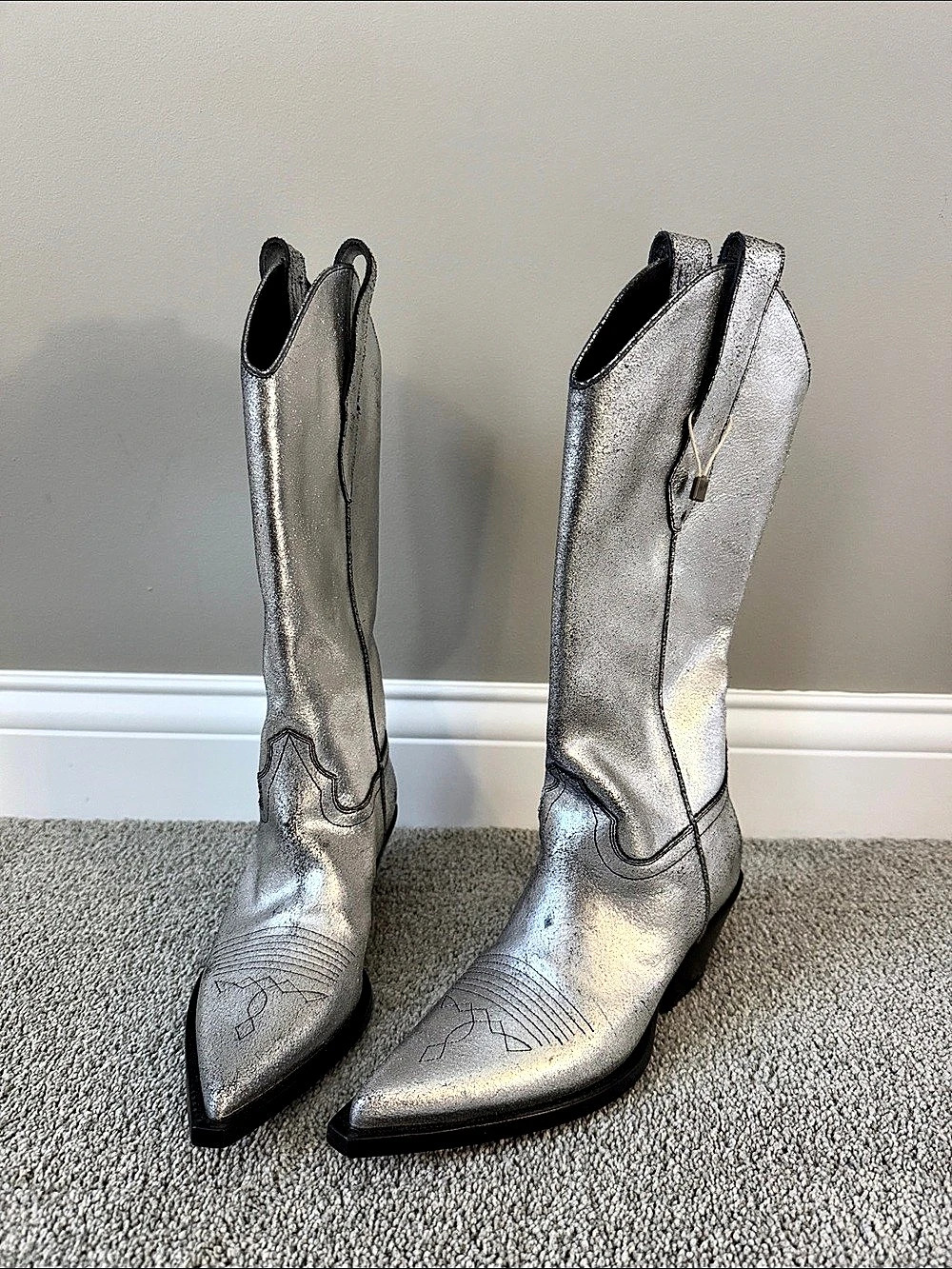 NWOT Maison Margiela Metallic Leather Western Boots Silver EU 36